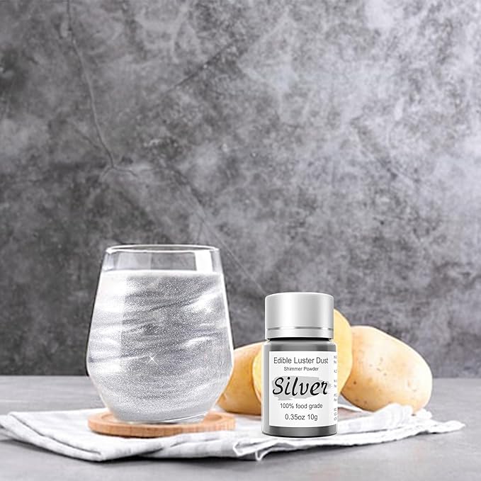 Silver Luster Dust Edible Glitter for Cakes Cocktails ??10g Colaele Edible Shimmering Dust for Chocolates, Metallic Food Coloring Powder for Cake Decorating Edible Glitter for Drinks, No Gluten,Vegan