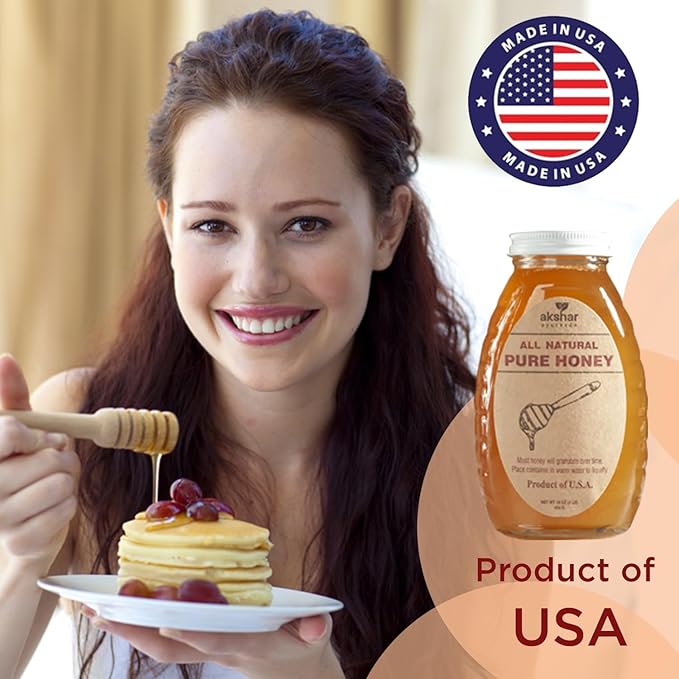 Akshar Ayurveda - 16 Oz Pure Honey (454 Grams) - All Natural USA Honey - Smooth & Easy to Pour, Stored in Glass Jar - Natural Superfood Ingredient for Cooking, Baking or Eating Raw