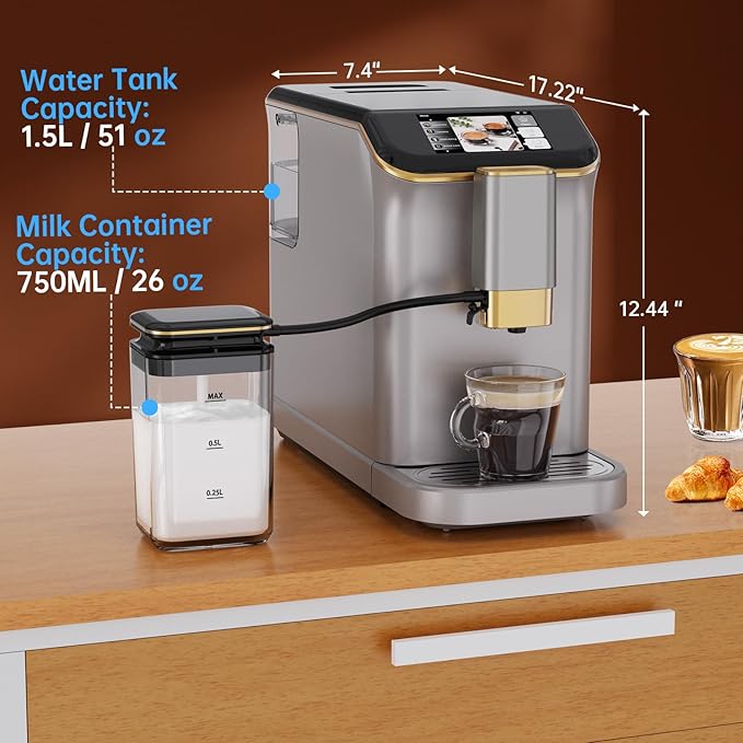 Super Automatic Espresso Machine 20 Bar with Grinder, One Touch Recipes & Automatic Milk Frother, 1350W Compact Bean to Cup Coffee Maker with TFT Touchscreen for Home Barista, Silver & Gold