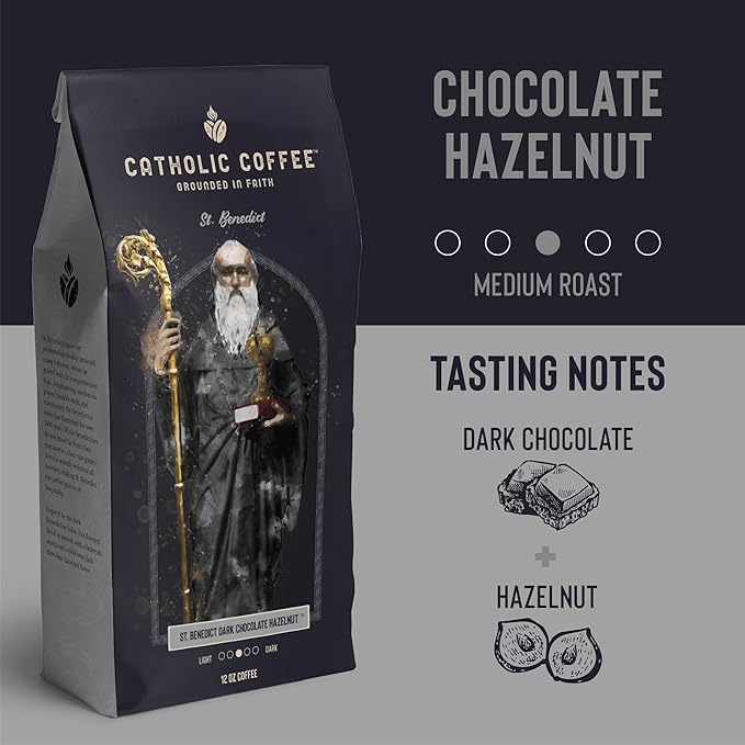 Catholic Coffee St. Benedict | Chocolate Hazelnut Flavored Medium Roast Ground Coffee | 12oz Bag ??Catholic Gift Inspired by Monastic Tradition