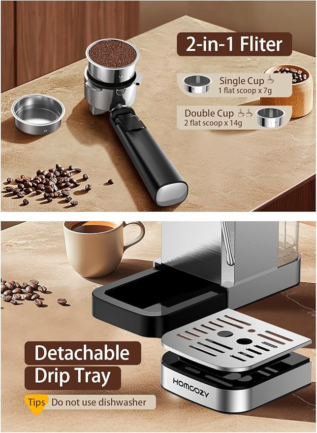 20 Bar Espresso Coffee Machine with Rapid Cold Brew Technology, Milk Frother, Touch Screen Control, Compact Water Tank, Ideal for Lattes, Cappuccinos, Americano, Home & Office Use, Stainless Steel