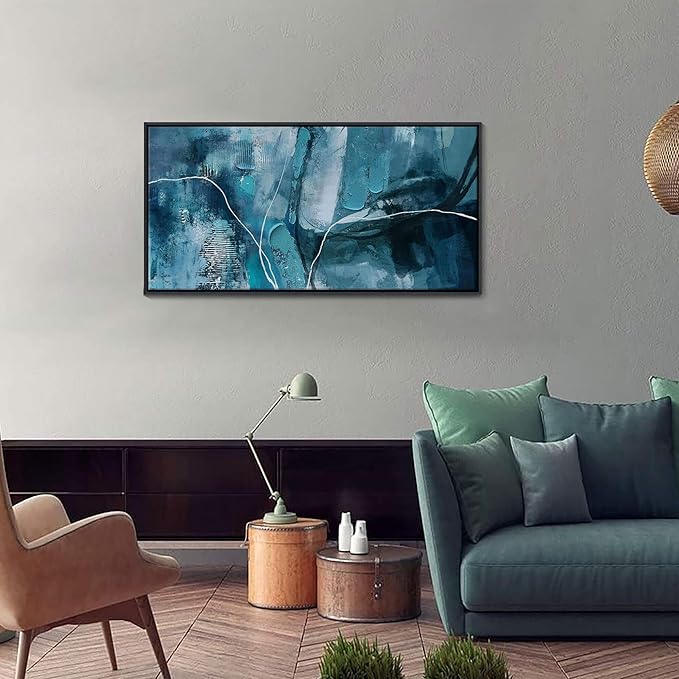 Abstract Canvas Wall Art -Blue-Green and Fan Art Large Wall Art for Living Room Bedroom Decor Framed Pictures Artwork for Walls Size 20x40Inches