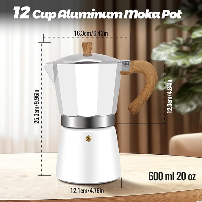 12 Cup Aluminum Moka Pot Classic Stovetop Espresso Coffee Maker 600ml 20oz Coffeemaker Percolator Mocha Express Preferred Cafe Makers for Italian and Cuban Cafì±?Brewing White