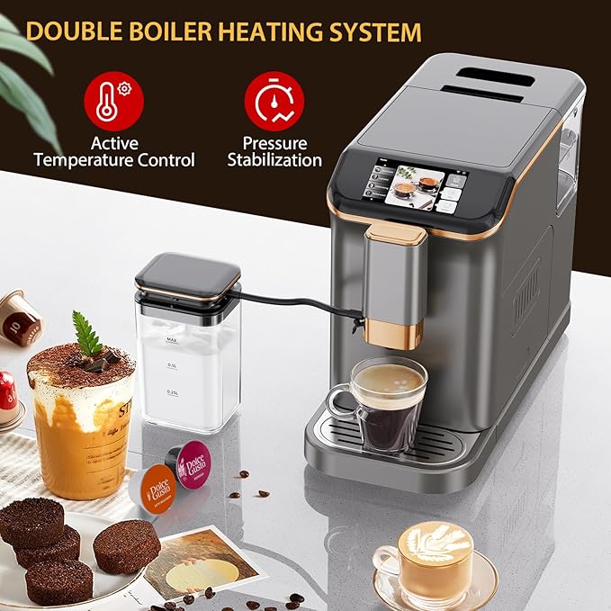 Fully Automatic Espresso Machine with Smart TFT Touchscreen, Brewing System and Automatic Milk Frothing System, 6 One-Touch Programs, 1.5L Detachable Water Tank for Home/Office Use, Gray&Gold