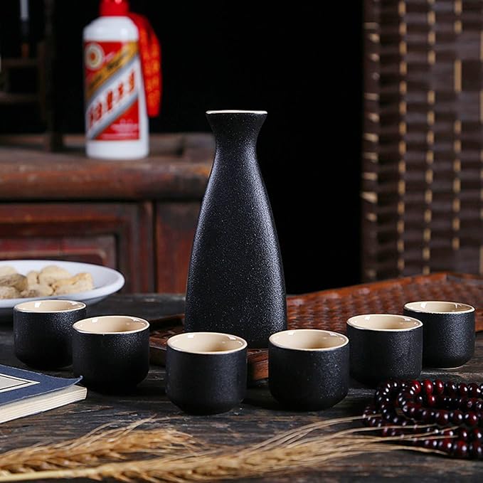 Japanese Sake Set, Traditional Black Ceramics Sake Sets 1 Pot and 6 Cups