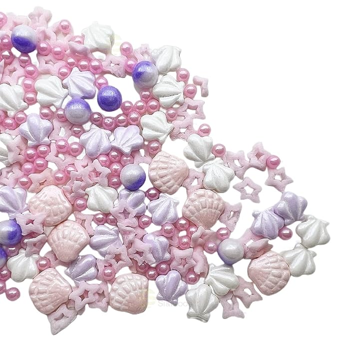 SE Si&Moos Candy Sea Shells for Cake Decorating Pink Sprinkles Pink Edible Seashells Under The Sea Cake Decorations Beach Sprinkles Christmas Cookie Decorations Edible Baby Shower Cake Decorations 3 OZ with Tweezers