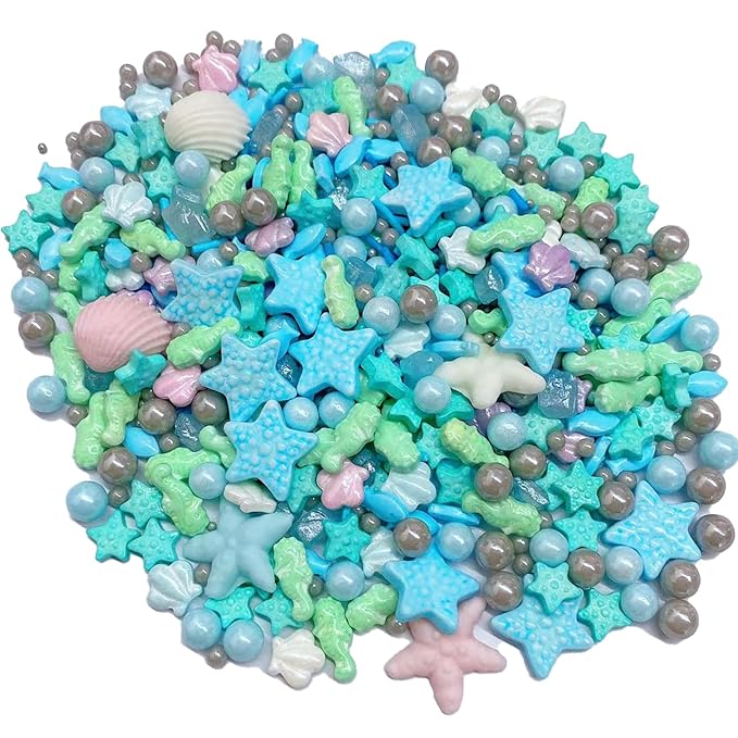 Sentovac Ocean Sprinkle Edible Cake Decorating Hippocampi Starfish Shell Fish Pearl Candy Mix Blue Sprinkle for Cake Cupcake Topper Cookie Baking Decorations Sea Theme Party Birthday Supplies