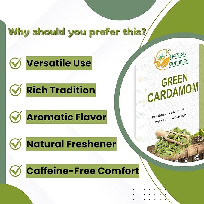Herbs Botanica Green Cardamom Pods Whole 7-8mm size Elaichi for Culinary Delights and Aromatic Infusions Handpicked Fresh Fragnant and Flavorful Perfect for Cooking, Baking, and Brewing 100g / 3.5 oz