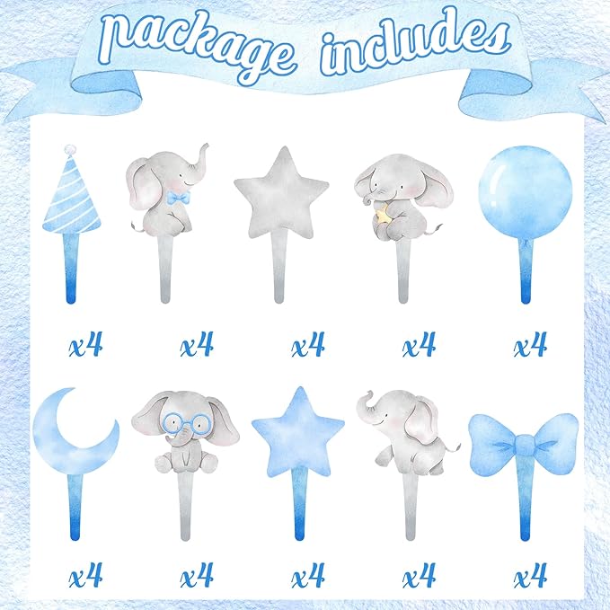 40 Pcs Blue Elephant Cupcake Toppers - Cute Party Decorations and Baby Shower Cake Decor - Perfect for Blue Elephant Birthday Cupcake Toppers, Baby Shower, and Boy Party