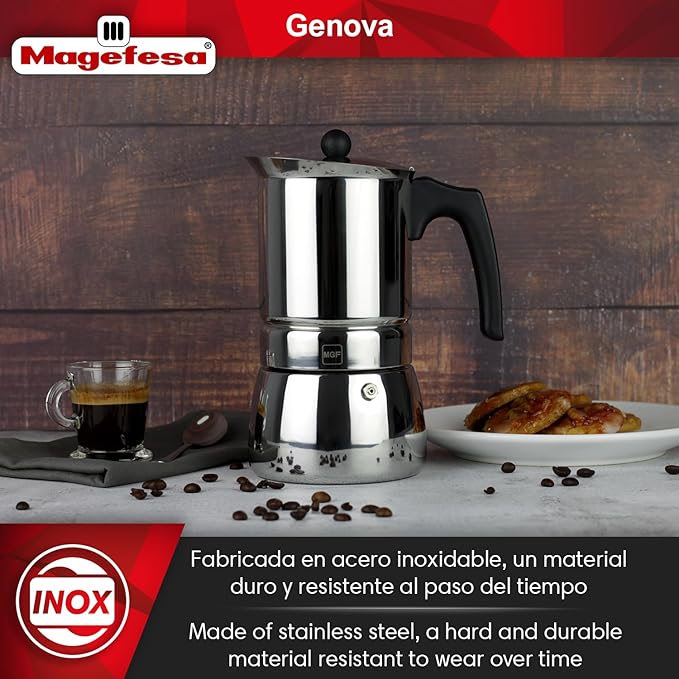 MAGEFESA Genova Stovetop Espresso Maker, 4 Cups/6.5 oz, 18/10 Stainless Steel Moka Pot, Italian Greca Coffee Maker, Suitable for Induction