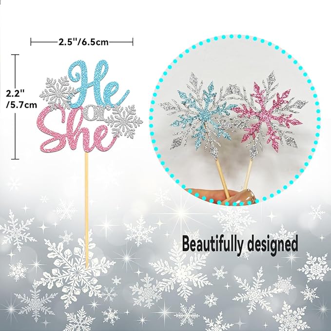 24PCS Snowflake He or She Cupcake Toppers for Gender Reveal Decorations, Frozen Snowflake Boy or Girl Cake Topper for Winter Baby Shower Decorations (B/G)