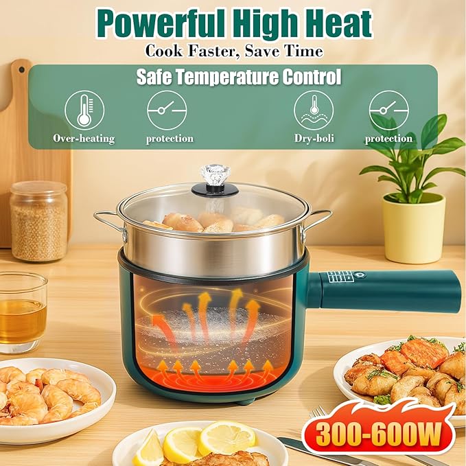 Hot Pot Electric with Steamer,6 Smart Modes, 1.8L Ramen Cooker, Portable Cooker, Non-Stick Frying Pan, Saut챕 Pan, Electric Pot for Pasta, Egg, Steak, BPA Free, College Dorm Room Essential