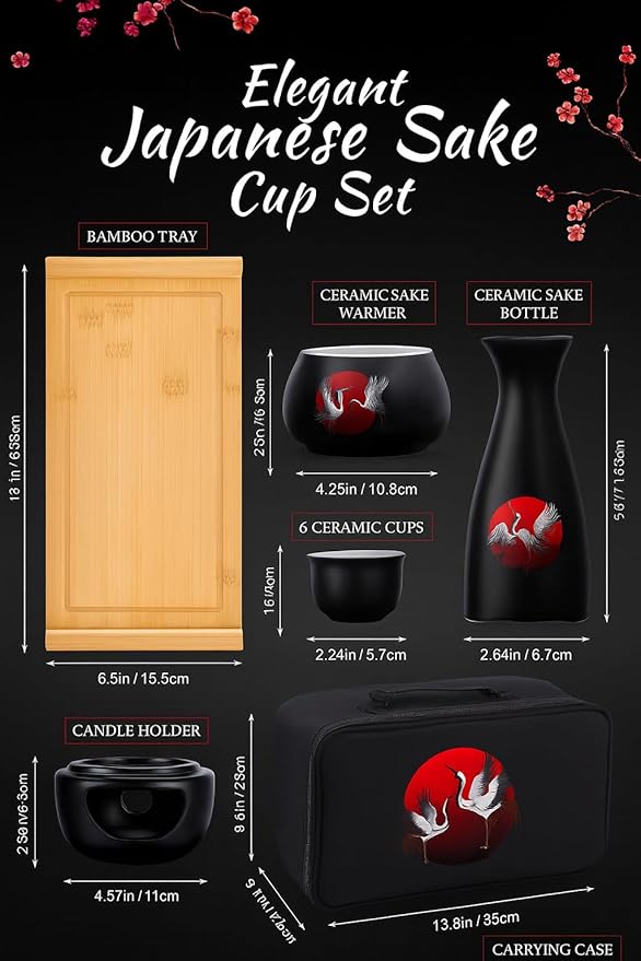 Japanese Sake Cup Set with 6 Ceramic Cups, 1 Ceramic Sake Bottle, 1 Ceramic Sake Warmer, Bamboo Tray, and Cloth Carrying Case - Perfect Hot Sake Set for Authentic Japanese Experience (Black/White)