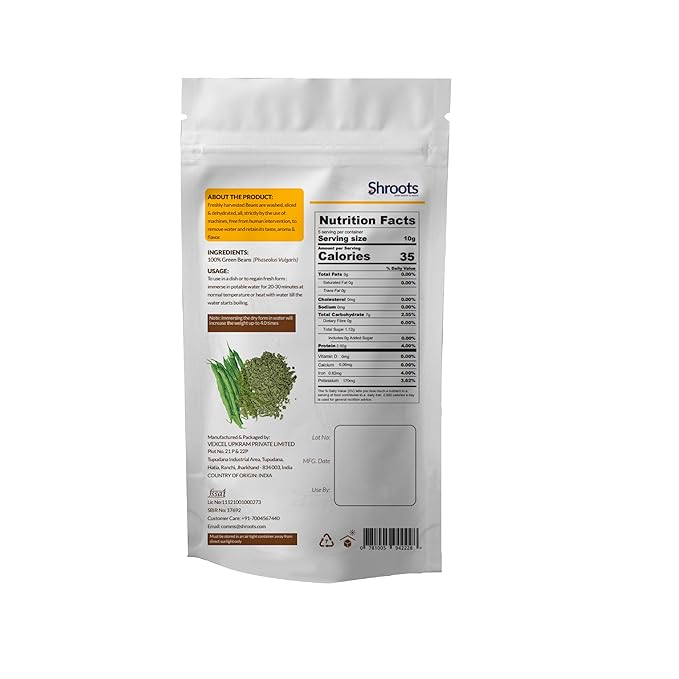 SHROOTS Dehydrated Chopped Green Beans Flakes Pure Vegetarian Gluten-Free No Added Salt Easy Cooking Machine Dry French Bean with Natural Aroma Perfect for Salads or Everyday Meals 1.76 oz, Pack of 1