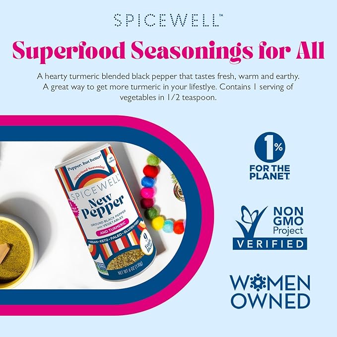 Spicewell - New Pepper Shaker - Ayurvedic Black Pepper with Turmeric, 21 Plant-Based Vitamins and Minerals - Fine Ground, Fresh Cracked Flavor - 6oz