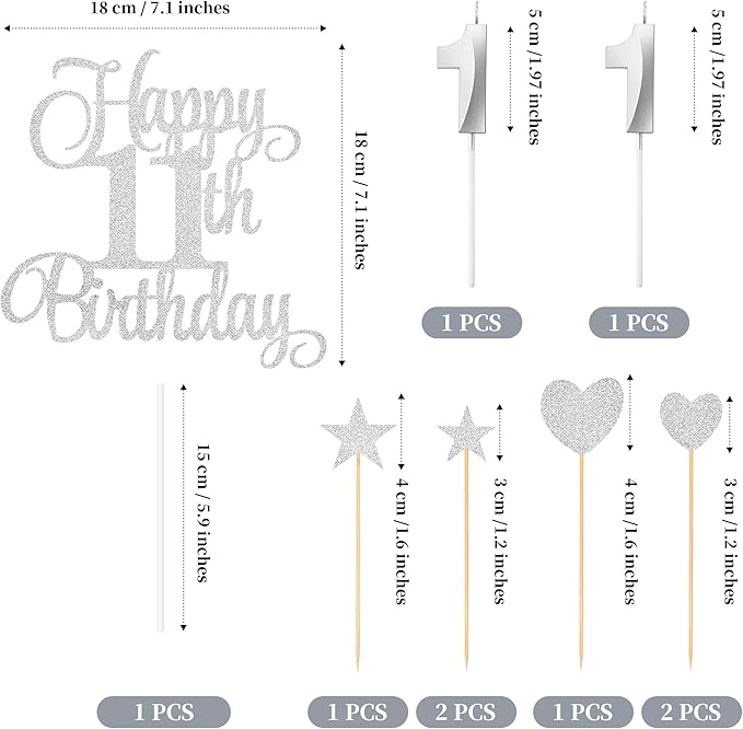 11th Birthday Cake Decorations, 11th Birthday Candles Cake Numeral Candles and Glitter Happy 11th Birthday Cake Toppers Set for Birthday Party Supplies (Silver)