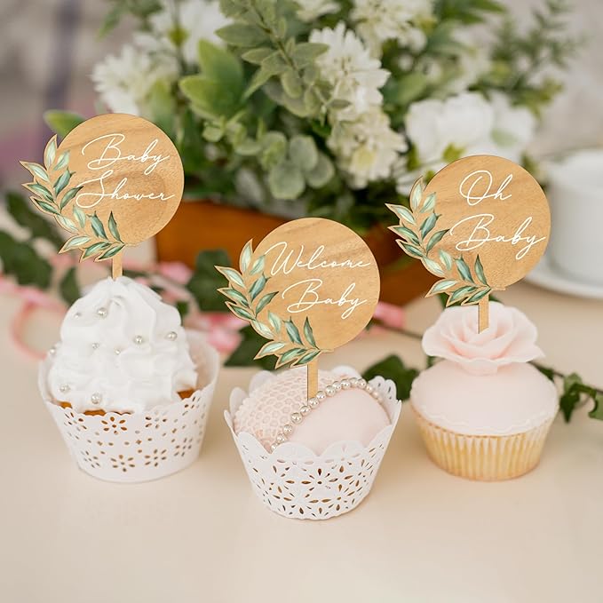 12 PCS Baby Shower Party Cupcake Toppers Oh Baby Cake Cupcake Decorations in Wood (Design B)