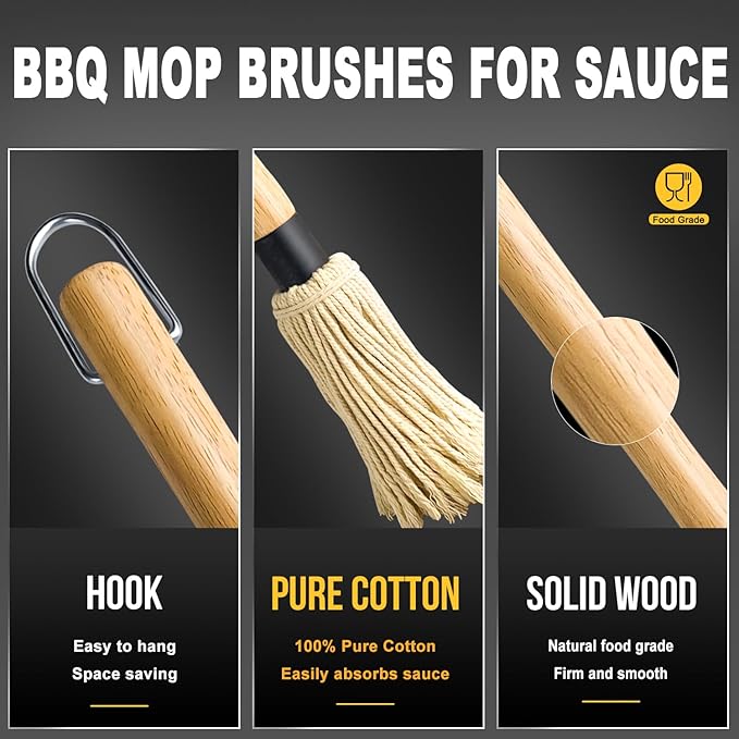 Walfos BBQ Mop Brushes for Sauce, Grilling Basting Mop Wooden Long Handle with 3 Heads, for Grilling, Barbecue, Smoking Steak (18")