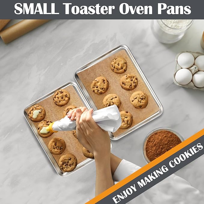 2Pcs Baking Sheet Pan Set, Joyfair Stainless Steel Cookie Sheets, Commercial Metal Pans Toaster Oven Tray Bakeware for Jelly Roll/Bread/Bacon, Heavy Gauge, Rust-free & Dishwasher Safe (10.4 Inch)