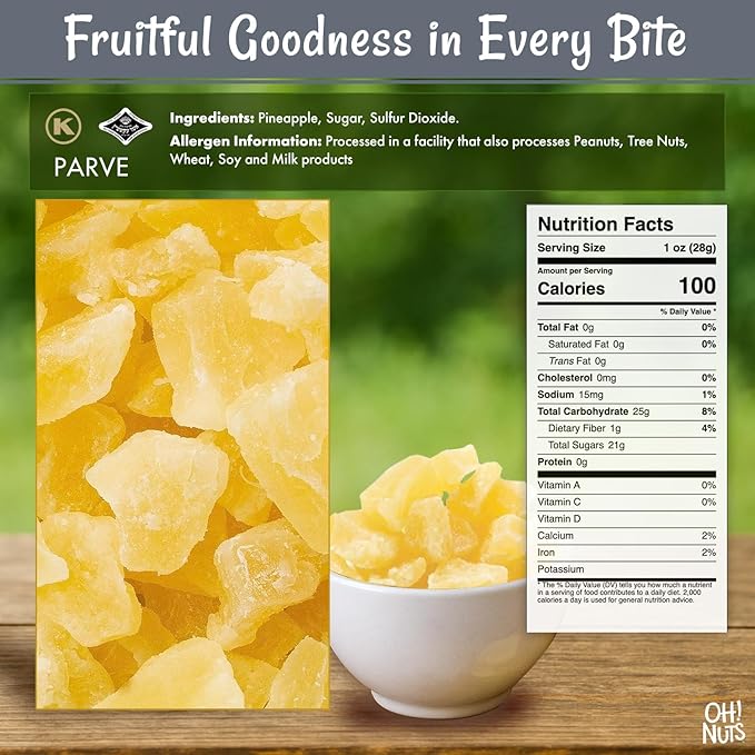 Oh! Nuts Dried Pineapple Chunks - Dried Pineapple - Pineapple Dried Fruit - 1 lb - Dehydrated Fruit with Less Sugar Added
