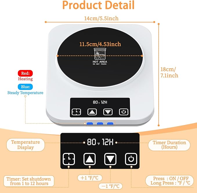 Sourdough Starter Warmer 70-100°F Precision Control (±1°F), Waterproof Temp Strip, 12H Timer & Auto Shutoff, Fits 40oz Jars (Jar Not Include) US Plug, BPA-Free