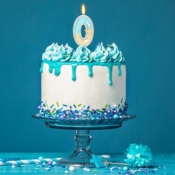 0 Birthday Candle for Cake, Beach Starfish Sequins Number Cake Candles, 2.76 inch Number 0 Happy Birthday Candle, Cake Topper Decoration for Birthday Party (Number 0)