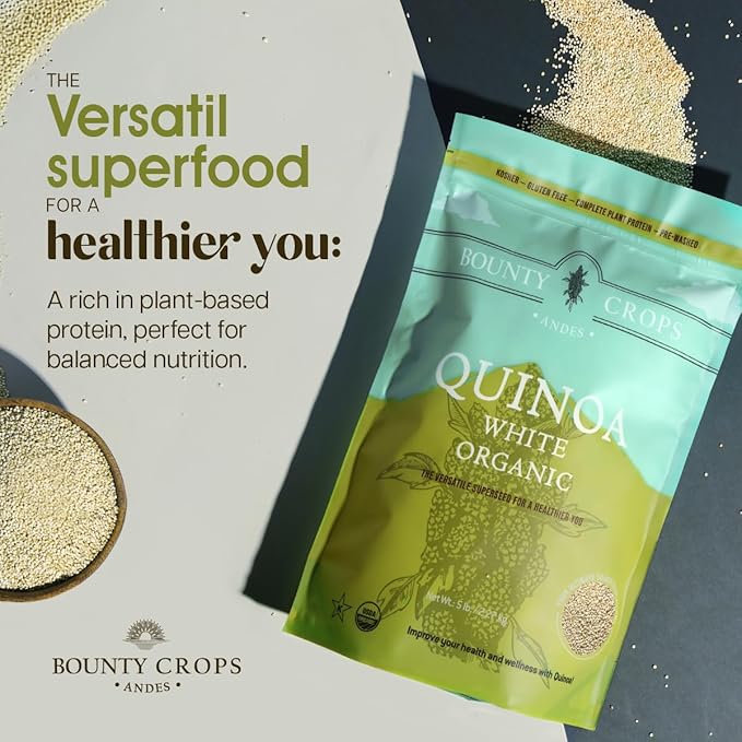 Bounty Crops Organic White Quinoa (5 lb, 80 oz, 2.27 kg), Fiber, Iron and Potassium, Plant Base Protein, Gluten-Free, Non-GMO, Kosher, Vegan Superfood