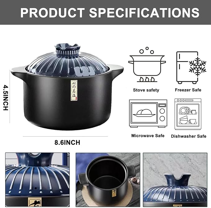3.2 Quart Ceramic Casserole,with Lid Ceramic Pot,Heat-Resistant Round Stew Soup Pot for cook bibimbap, soup, rice, stew, casserole (Blue3.2QT)