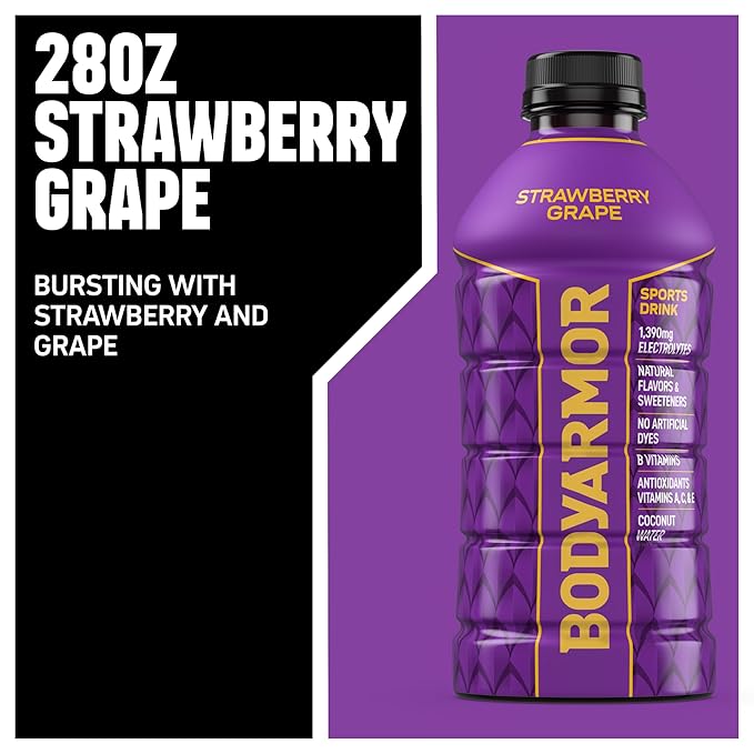 BODYARMOR Sports Drink Sports Beverage, Strawberry Grape, Coconut Water Hydration, Natural Flavors With Vitamins, Potassium-Packed Electrolytes, Perfect For Athletes, 28 Fl Oz (Pack of 15)