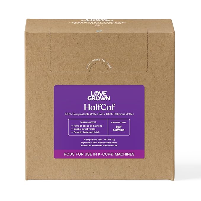 Love Grown Compostable Coffee Pods - Compatible with Single-Serve Brewing Machines - 100% Arabica Beans, Plastic-Free, Gluten-Free, Non-GMO - Half-Caf, Box of 15