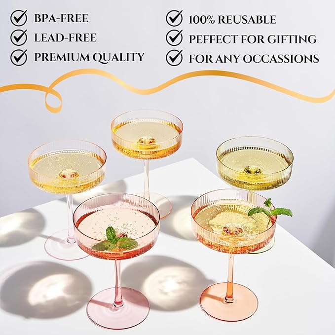 Khen Pastels Colored Vintage Art Deco Coupe Glasses - Martini, Cocktail & Champagne Ribbed Glasses 7oz | Set of 5 | Bright Pastel Crystal Glassware, Goblet Cocktails, Stemmed Ripple Glassware Gifts