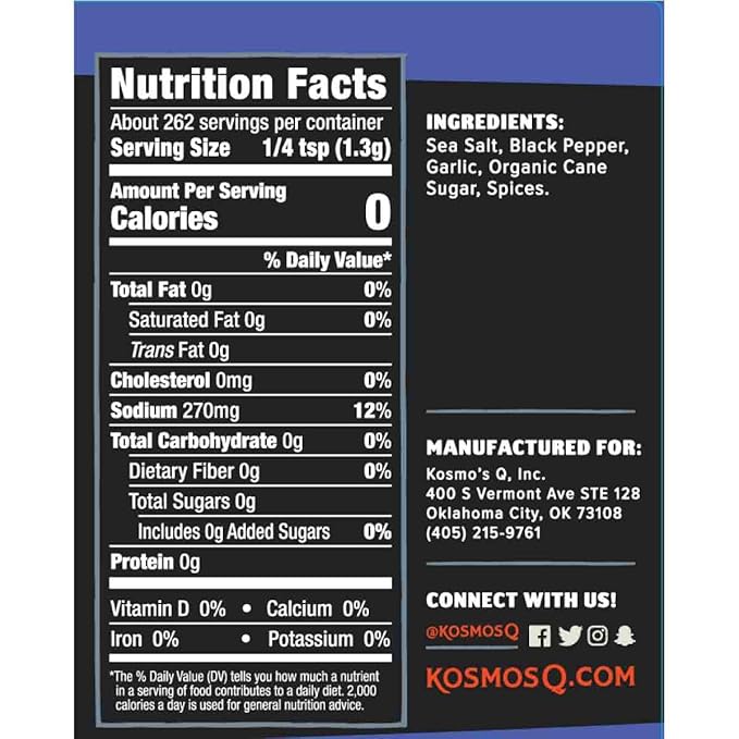 Kosmos Q SPG BBQ Dry Rub, Bold Salt Pepper Garlic Blend with Organic Cane Sugar, BBQ Seasoning for Brisket, Chicken, Steak, Ribs, Pork, Seafood & Veggies, Meat Rub for Smoking & Grilling, 12 Oz Shaker