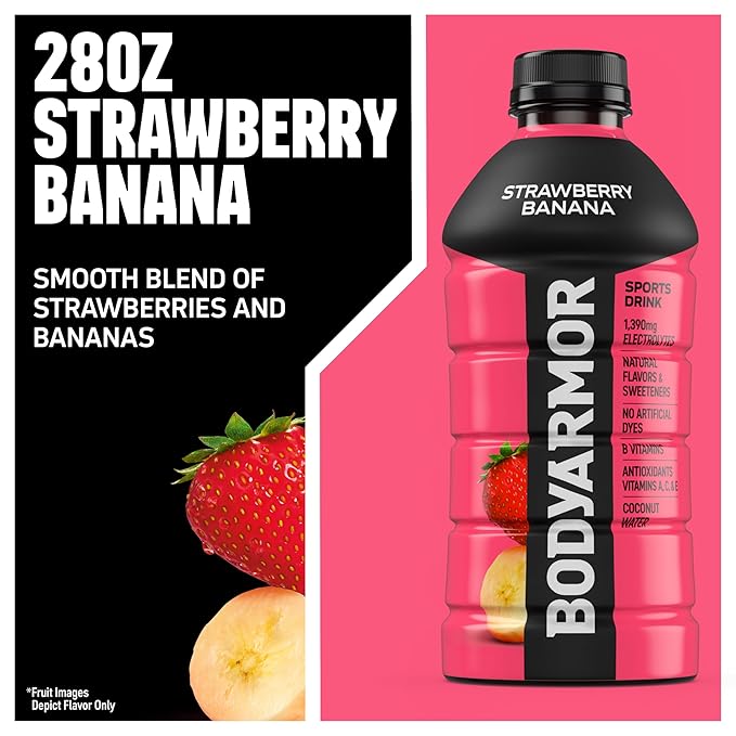 BODYARMOR Sports Drink Sports Beverage, Strawberry Banana, Coconut Water Hydration, Natural Flavors With Vitamins, Potassium-Packed Electrolytes, Perfect For Athletes, 28 Fl Oz (Pack of 15)