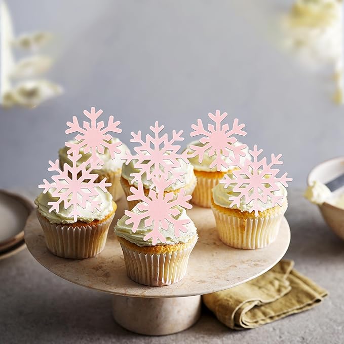 60 PCS Edible Snowflake Cupcake Toppers Wafer Paper Snowflake Cake Decorations Edible Snowflake Cupcake Picks Topper for Christmas Winter Frozen Theme Baby Shower Birthday Party Decor Supplies Pink