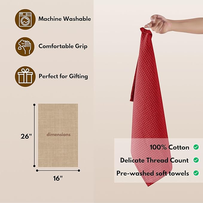 Native Fab Cotton Kitchen Towel with Hanging Loop 16x26 inches, 6-Pack, Waffle Weave Kitchen Towels for Cleaning Drying, Washcloths Soft & Absorbent Cloth Rags, Bar Towel, Dish Cloth, Red