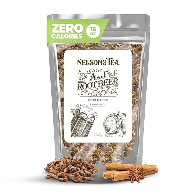 Nelson's Tea A&J's Root Beer - Sarsaparilla Root Herbal Loose Leaf Tea - A Harmonious Blend of Flavorful Ingredients like Sarsaparilla, Burdock Root, Birch Bark, and More! (16 oz)