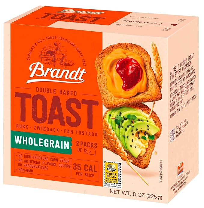 Brandt Toast, Zwieback, Double Baked, 8 Ounces (pack of 6, Whole Grain)