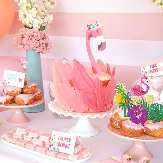 Rsstarxi 24 Pack Tropical Cupcake Toppers Glitter Leaf Pineapple Flamingo Cupcake Picks Aloha Hawaiian Luau Cake Decorations for Summer Aloha Theme Baby Shower Birthday Wedding Party Decor