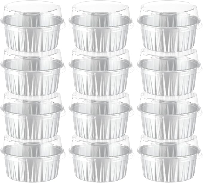 100Pack Alluminum Cupcake Containers, 5oz Dessert Cups with Lids, Mini Cake Pans With Lids&Spoons for Gift Holiday Party Cake Baking Sales Mini Storage Box Stackable Portable (silver)