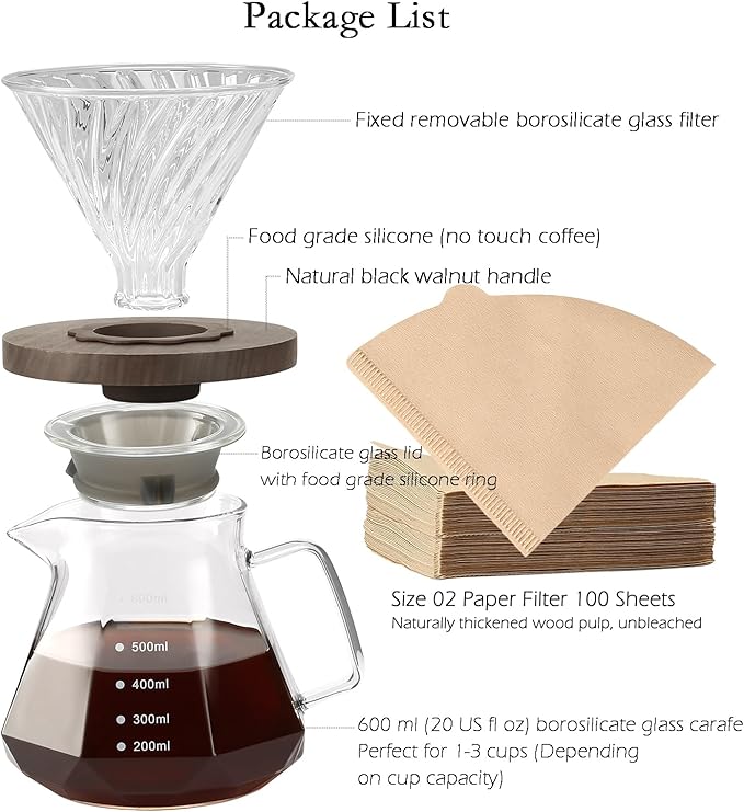 Pour Over Coffee Maker, 20 oz Borosilicate Glass Carafe with 100 pcs V60 Paper Filter by Gsform, Walnut Handle & Glass Lid, Drip Coffee Maker for Home Caf챕 Restaurant Camping, 600 ml, Clear