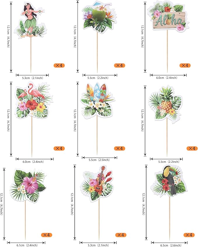 Rsstarxi 36 Pack Tropical Hawaii Cupcake Toppers Tropical Flamingo Guitar Hula Aloha Cupcake Picks for Summer Hawaii Luau Beach Theme Baby Shower Wedding Birthday Party Cake Decorations