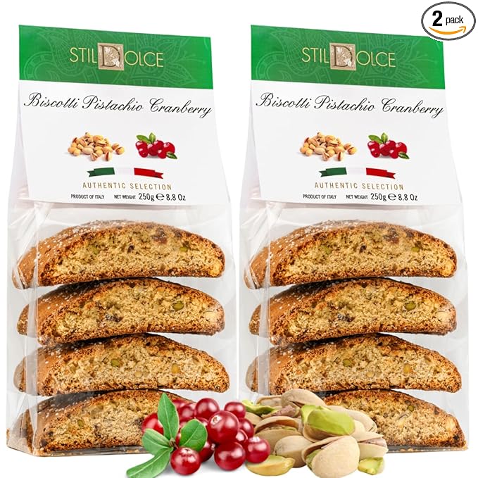 Stildolce Semi-Soft Pistachio and Cranberry Italian Biscotti Cookies| Made in Tuscany, Italy| Classic Gourmet Biscuits No Preservatives 8.8 Oz, Pack of 2