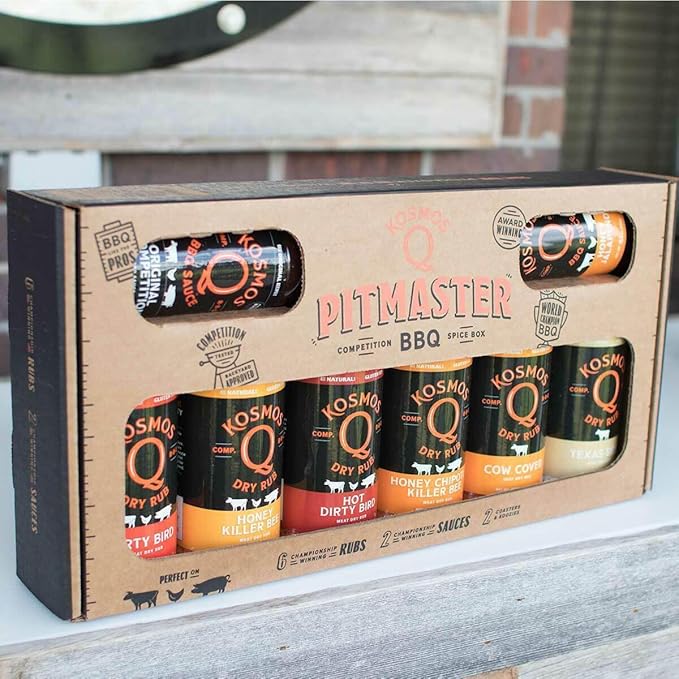 Kosmos Q Pitmaster BBQ Sauce & Spice Gift Set – 8-Piece Grill Seasoning Sampler with Barbecue Sauces & Meat Rubs (8 Flavors) – Perfect BBQ Gifts for Men