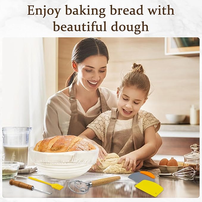 Sourdough Proofing Basket Kit: 2-Pack Banneton - Round Natural Rattan Bread Basket with Linen Liner - Reusable & Dishwasher Safe Sourdough Baking Tools for Beginner Bakers