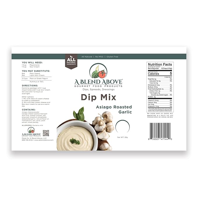 A Blend Above, Asiago Roasted Garlic Dip Mix, 3 Packs, 1 oz. Each, Makes 16 Ounces, Gluten-Free, No MSG, All Natural, No Preservatives, Vegan Friendly, Keto Friendly, Vegetable Dip, Chip Dip, Low Carb, Easy to Make