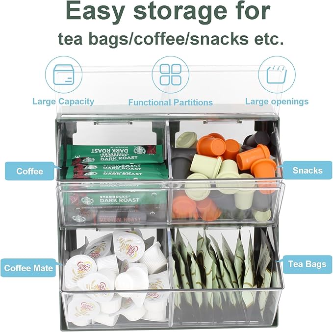 Bokelai Plastic Tea Bag Organizer with Lid - Large Capacity K Cup Holder Countertop & Desk Storage Station for Capsule, Creamer, Sugar Pods & Face Masks - Green/Clear