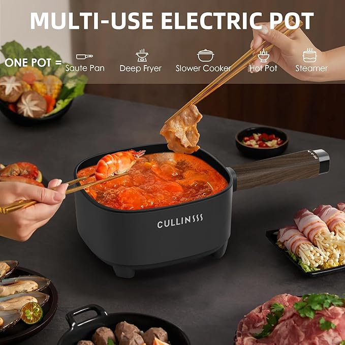 2L Hot Pot Electric with Steamer, Portable Electric Pot with Upgrade Honeycomb Nonstick Coating for Dorm, Office, Travel, Multi Cooker Pot for Ramen, Soup, Oatmeal (Tongs Included)