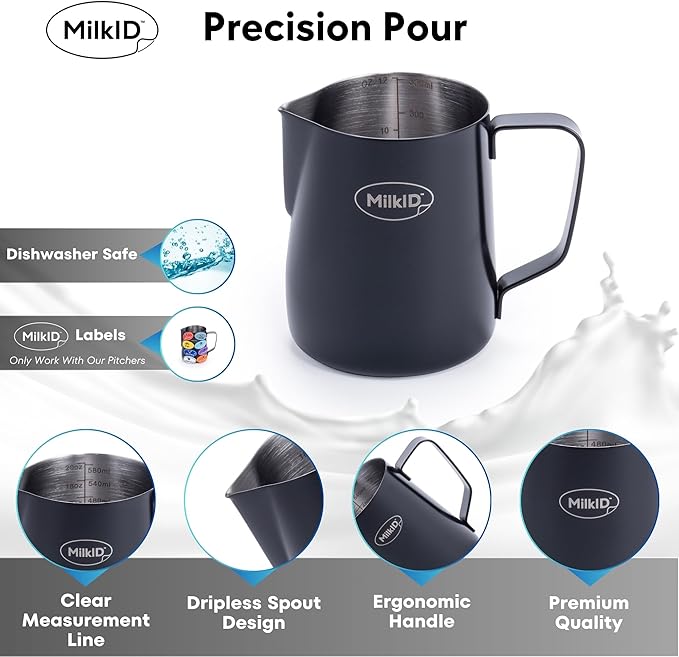 Milk Frothing Pitcher with 8 Allergen Silicone Snap-On Labels | Must-Have Barista Tool | Coffee Bar Accessories & Espresso Accessories Kit | (12oz / Black Pitcher + Labels)
