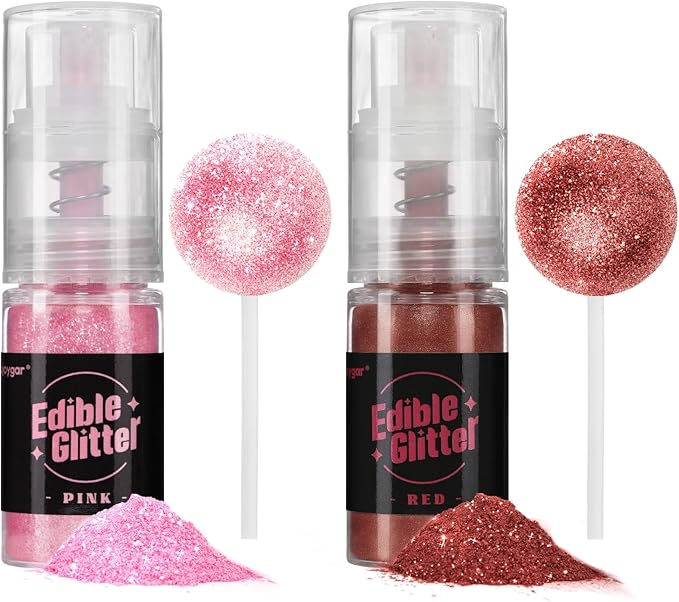 Sujoygar Edible Glitter Spray 2 Colors, Pink and Red Edible Glitter for Cocktails, Shimmer Powder Luster Dust Edible for Cake Drink Strawberrie Cupcake Cookies Haloween Baking Decoretion, Vegan(5g/Bottle)