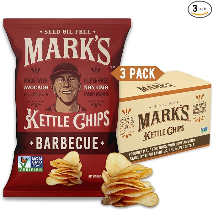 MARK???Kettle Cooked Avocado Oil Potato Chips, BBQ ??Seed Oil & GMO Free | Barbecue, 5 oz (Pack of 3) | Gluten Free, Non-GMO, Chips for Clean & Healthy Snacking